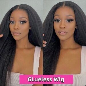Glueless Yaki Wig Straight 200 Density Human Hair 
Black Lace Front Wig